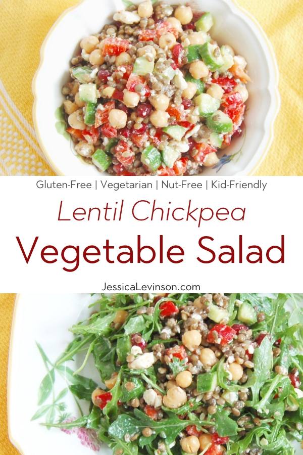 Lentil Chickpea Vegetable Salad with Feta | Protein and fiber-rich lentils and chickpeas, crunchy bell peppers and Persian cucumbers, sweet pomegranate seeds, and salty feta cheese are tossed together in a lemony maple-mustard vinaigrette for a kid-friendly and adult approved lunchbox salad. Get this gluten-free, nut-free, vegetarian, and vegan-friendly recipe via JessicaLevinson.com #LentilSaladRecipe #VegetarianLentilSalad Lentil Chickpea Vegetable Salad Recipe with Text Overlay