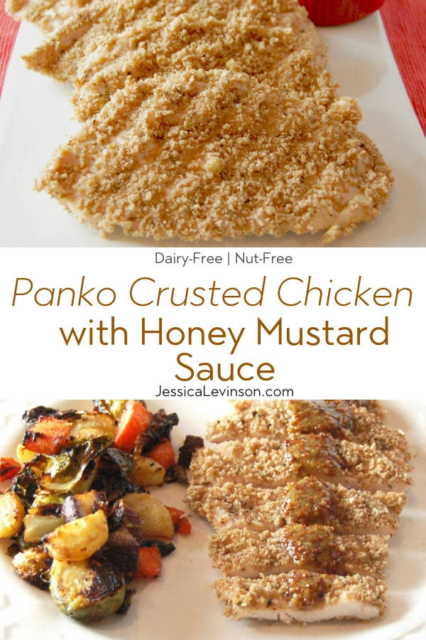 Satisfy your kids' cravings for chicken fingers in a healthier way with this crispy whole grain baked panko crusted chicken. Serve with a simple honey mustard sauce for a dinner the whole family will love. via JessicaLevinson.com | #dairyfreechicken #nutfreebakedchicken #healthierbakedchicken Panko Crusted Chicken with Text Overlay