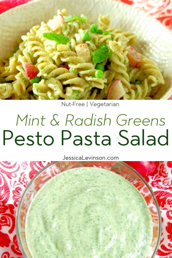 Whole grain pasta is tossed with peas, roasted radishes, and a nut-free mint and radish greens pesto in this light and delicious spring pasta dish. Get this vegetarian recipe via JessicaLevinson.com #SpringPastaSalad #VegetarianPasta #PestoPastaSalad Radish Greens Pesto Pasta Salad with Text Overlay