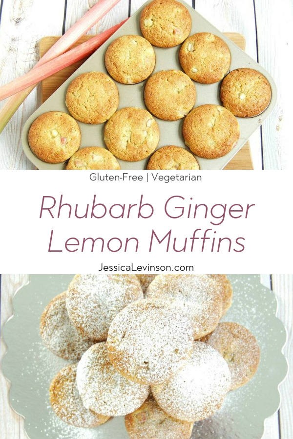 Rhubarb Ginger Lemon Muffins are the perfect balance of tart and sweet and a delicious addition to a spring bridal or baby shower or Mother's Day brunch! Get the gluten-free, dairy-free, and vegetarian at JessicaLevinson.com #RhubarbMuffins #HealthyMuffinRecipe Rhubarb Ginger Lemon Muffins with Text Overlay