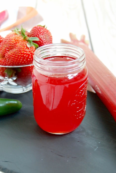 This strawberry rhubarb simple syrup is delicious in cocktails and mocktails. Simple syrup for Spicy Strawberry Rhubarb Margaritas