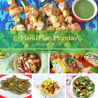 Menu Plan Monday week of August 14, 2017 including Summer Chicken Kebabs with Herb Sauce, Peach Panzanella Salad, Zucchini Lasagna Roll Ups, Garlicky Green Beans, Nectarine Salsa, and Spinach Salad with Jicama and Black Beans. Get the menu @jlevinsonrd.