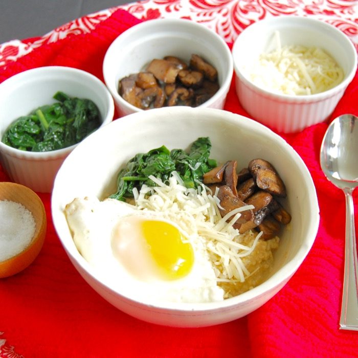 Savory Oatmeal Breakfast Bowl @ Jessica Levinson, MS, RDN, CDN Get a serving of vegetables and protein at breakfast with this umami-rich savory oatmeal breakfast bowl with spinach, mushrooms, and fried egg. Gluten-free, vegetarian, and vegan-friendly recipe