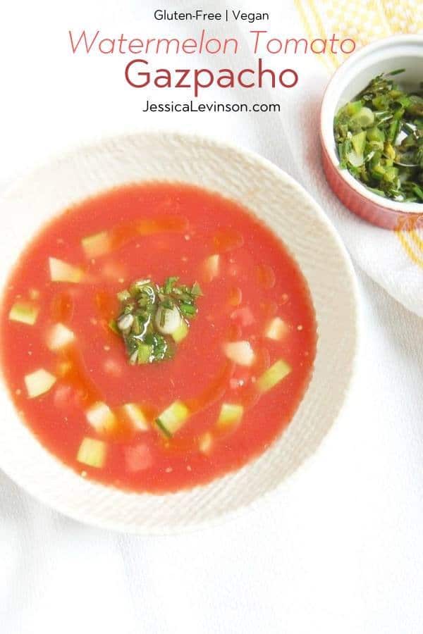 Enjoy the best flavors of summer by the spoonful with this Watermelon Tomato Gazpacho, a sweet and savory twist on the classic summer soup.Get the recipe at JessicaLevinson.com | #watermelongazpacho #SummerGazpachoRecipe Watermelon Tomato Gazpacho with Text Overlay