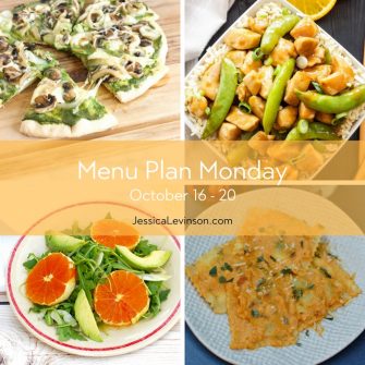 Menu Plan Monday week of October 16, 2017 including Mushroom Pesto Pizza, Healthier Orange Chicken, Citrus Fennel Salad, and Ravioli with Pumpkin Yogurt Sauce