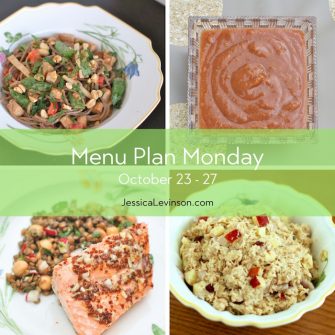 Menu Plan Monday week of October23, 2017 including Peanut Soba Noodles with Crispy Baked Tofu and Vegetables, Homemade Cinnamon Applesauce, Orange Maple Salmon, and Apple Tuna Salad.