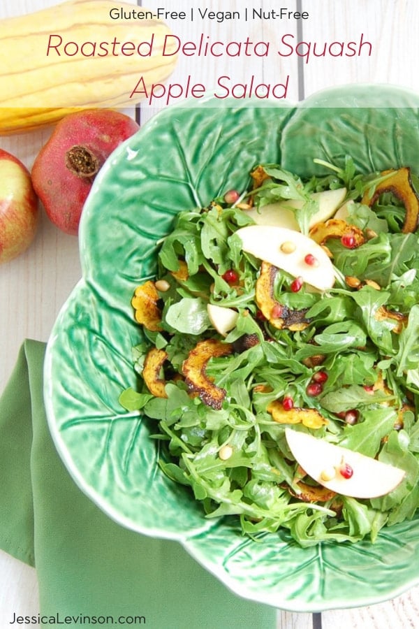 Gluten-free and nut-free Roasted Delicata Squash Apple Salad is a delicious side dish or appetizer for your holiday table. via JessicaLevinson.com | #fallrecipes #salad Roasted delicata squash apple salad with text overlay