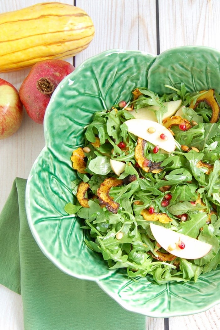 Gluten-free and nut-free Roasted Delicata Squash Apple Salad is a delicious side dish or appetizer for your holiday table. via JessicaLevinson.com | #fallrecipes #salad delicata squash fall salad