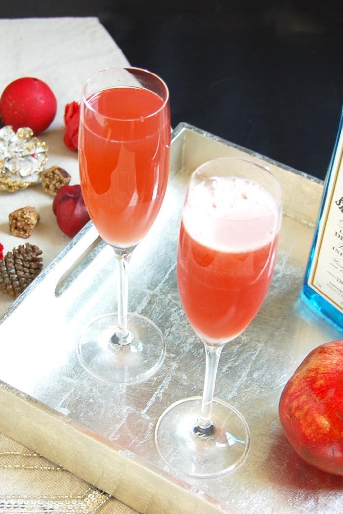 Celebrate the holiday season and ring in the New Year with a bright and festive Pomegranate French 75 cocktail with less added sugar. Recipe via JessicaLevinson.com #AD #ChampagneCocktail #NewYearsCocktail #CocktailRecipe Pomegranate French 75 Cocktails