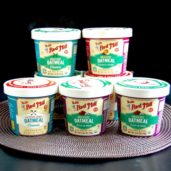 Bob's Red Mill Organic Oatmeal Cups are an easy, delicious, and satisfying healthy breakfast to get out the door in the morning. stack of bob's red mill organic oatmeal cups