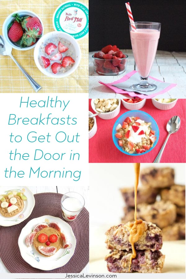 Rushed mornings often don't leave time for a balanced meal. But these healthy breakfasts to get out the door will do the trick for kids and adults alike! Get these breakfast ideas at JessicaLevinson.com | #breakfastideas #healthybreakfast #onthegobreakfast #kidfriendlyfood #makeaheadmeals kid-friendly healthy breakfasts to get out the door on rushed mornings