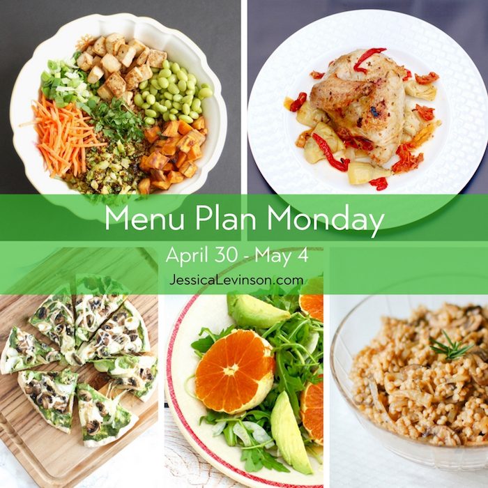 Menu Plan Monday: April 30, 2018 | Jessica Levinson, MS, RDN, CDN Menu Plan Monday week of April 30, 2018, including Asian Style Farro Buddha Bowl with Crispy Baked Tofu, Roasted Chicken with Peppers, Artichokes, and Sun-Dried Tomatoes, Mushroom Onion Pesto Pizza, Citrus Fennel Salad, and Mushroom Onion Barley. Get the full menu plan at JessicaLevinson.com.