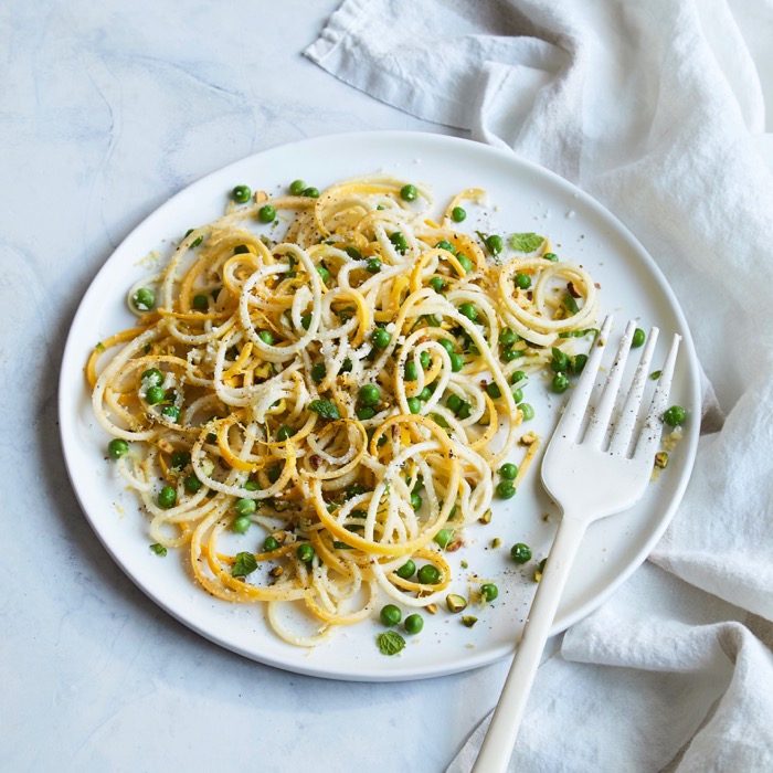 Yellow Squash Noodles with Peas and Mint via The Easy 5-Ingredient Healthy Cookbook Yellow Squash Noodles with Peas and Mint - a healthy five-ingredient recipe for the family