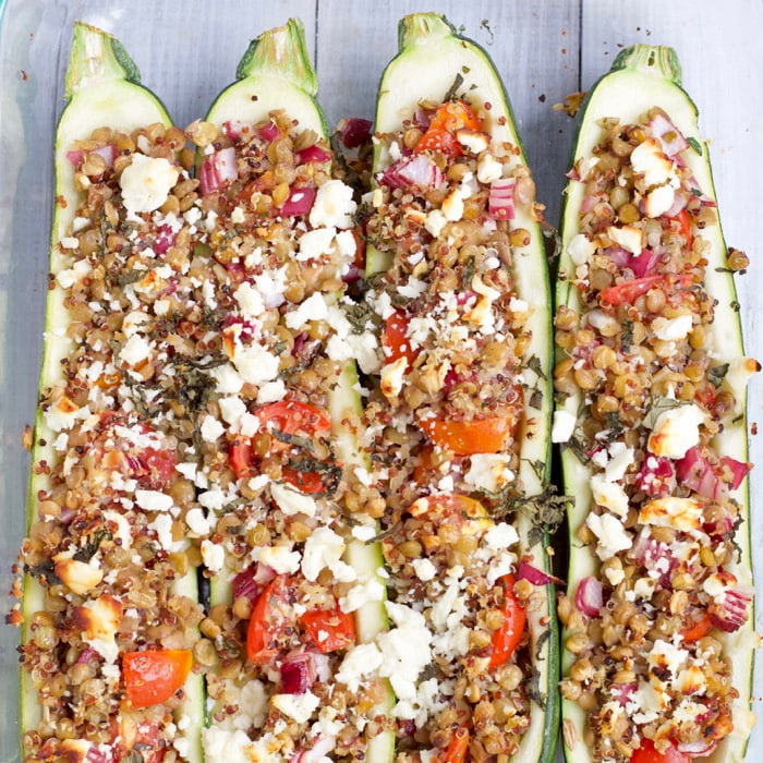 Vegetarian stuffed zucchini zucchini boats stuffed with lentil quinoa feta salad