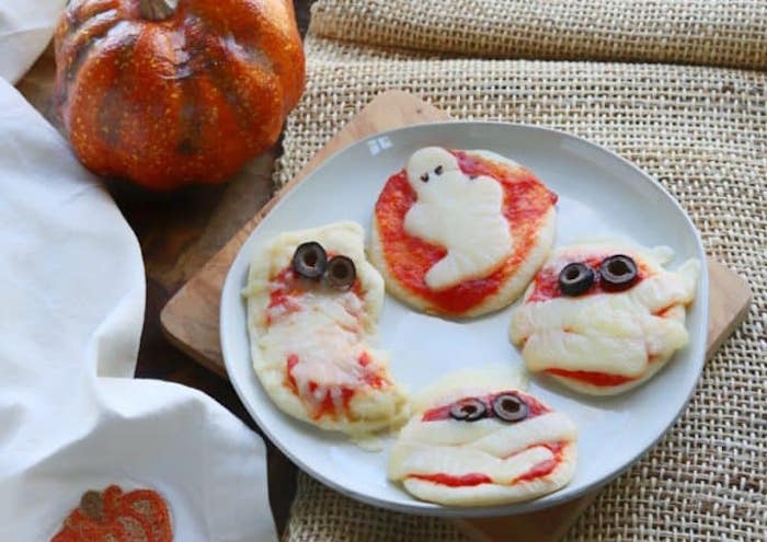 Halloween mummy and ghost pizza from Create Kids Club Halloween dinner idea: mummy and ghost pizza from Create Kids Club
