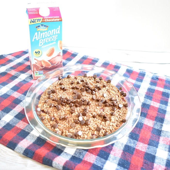 Chocolate baked oatmeal with berries is made with Almond Breeze Refrigerated Unsweetened Chocolate Almondmilk Chocolate baked oatmeal with berries and Almond Breeze almondmilk
