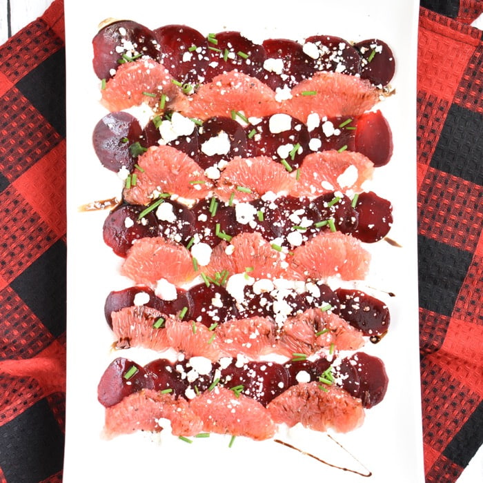 This refreshing, vibrant, and delicious Beet & Grapefruit Carpaccio is so easy to make and will take away your winter blues! Beet & Grapefruit Carpaccio platter