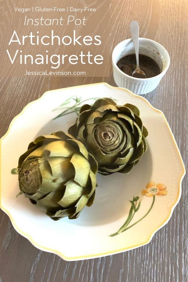 Steam artichokes vinaigrette or make them in the Instant Pot for an easy, irresistible appetizer or side dish the whole family can enjoy together! Get the gluten-free and vegan recipe via JessicaLevinson.com #ArtichokesRecipe #InstantPotArtichokes instant pot artichokes vinaigrette
