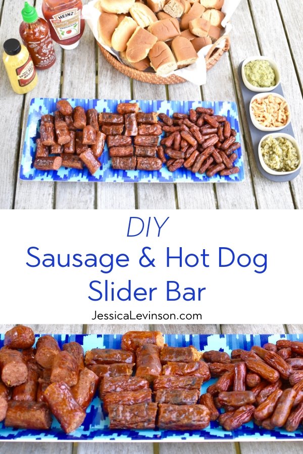 Have a little DIY fun at your next summer barbecue by adding a sausage and hot dog slider bar with all the fixings. Find out how at JessicaLevinson.com | #ad #hotdogbar #diy #eatbeef #backyardbarbecue hot dog slider bar for summer barbecue
