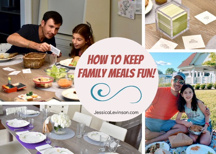 How to Keep Family Meals Fun collage of family meals, conversation starter cards, kids eating with parents